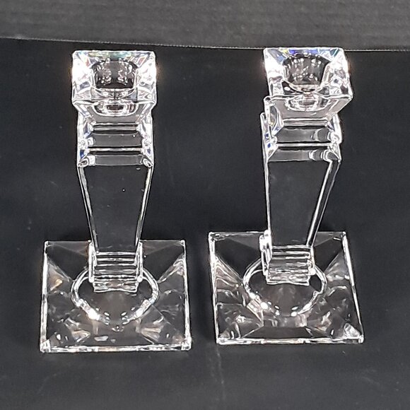 Exquisite Tyrone Irish Hand Cut 24% Crystal Square Pedestal Candlestick Holders - Picture 12 of 12